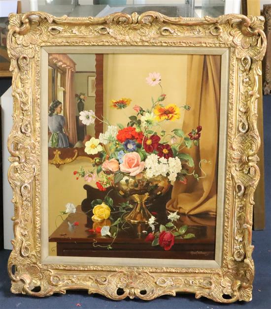 § Albert Williams (1922-2010) Still life of flowers in a brass vase with a lady reflected in a mirror 24 x 20in.